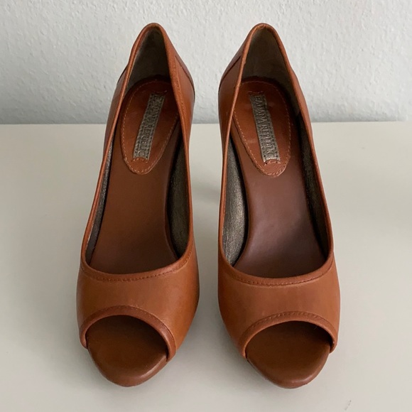 Banana Republic Caramel Leather Peep Toe Platform Pumps Size 6.5 - Picture 3 of 13